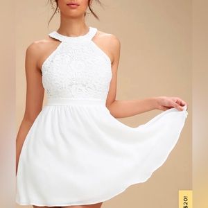 Lulus Lover's Game White Lace Skater Dress white xs
